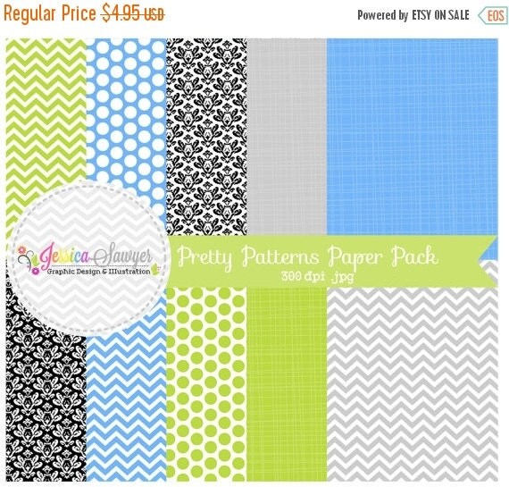 80% OFF - INSTANT DOWNLOAD, pretty patterns digital paper pack - chevron background - damask papers - baby shower - blue, green, grey - pol Il_570xn