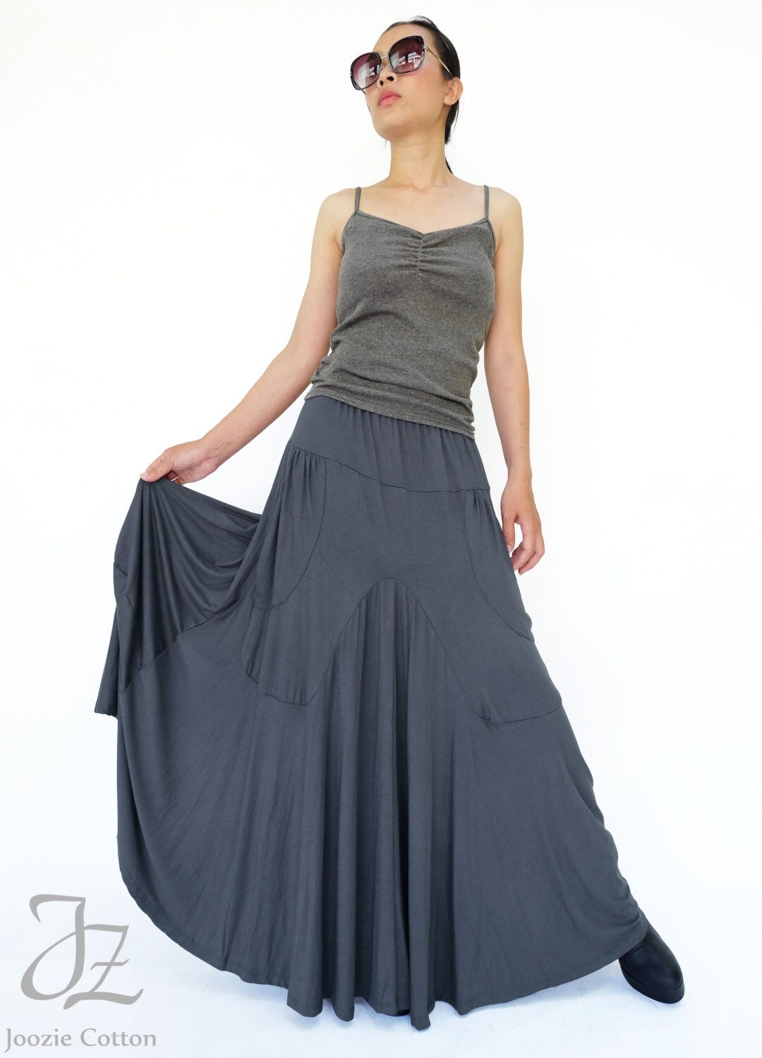 NO.136 Gray Rayon Spandex Softly Softly Asymmetrical Skirt