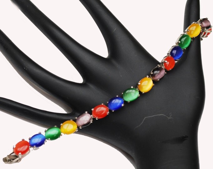 Colorful Cats Eye Link Bracelet - Fiber optic glass cabochon - Silver Plated