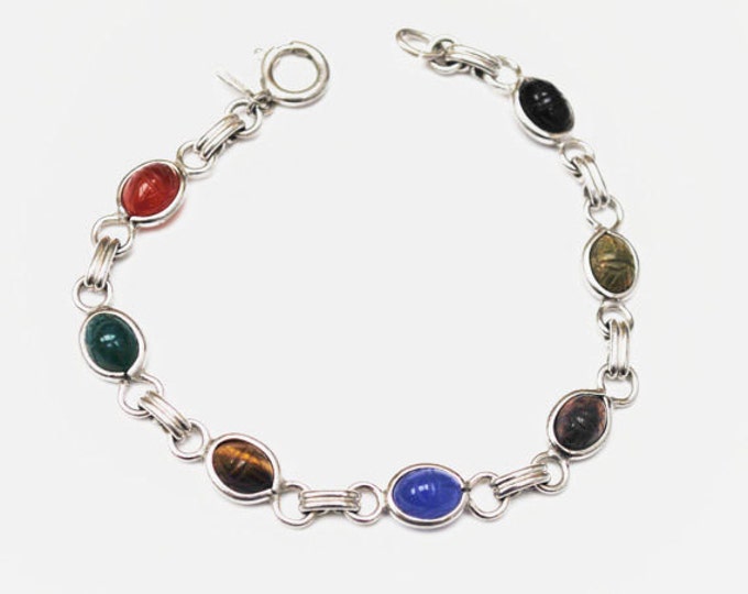 Sterling Egyptian Revival Scarab Link Bracelet - colorful Gemstones - Signed AMCO