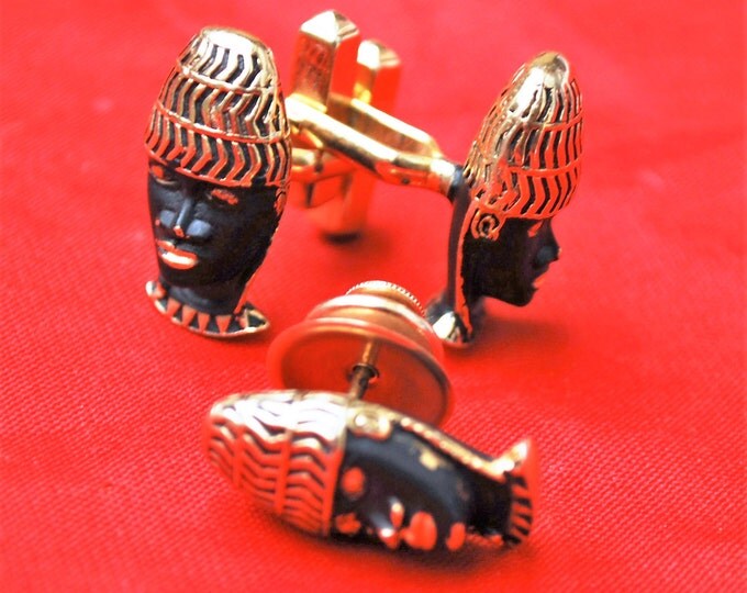 Tribal Face Cuff links Black Gold Mask blackamoor Matching cuff link and Tie Pin Swank
