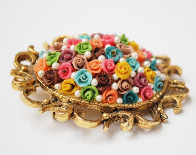 Colorful Flower Brooch Pendant - celluloid plastic flower- domed ceramic - pearl- gold tone