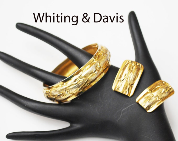 Whiting and Davis Gold Bracelet and Clip on earrings Set- Gold Filled hinge bangle Repousse - leaf design