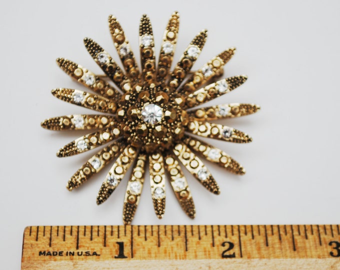 Gold Rhinestone Flower Brooch Mid Century Atomic Pin