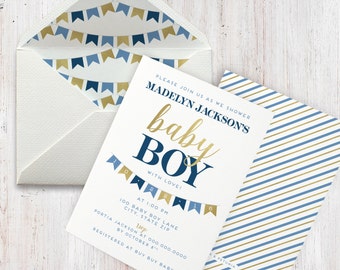 Navy and Gold Baby Boy Shower Invitation, Bunting, Banner, Flag Baby Shower Invite, Envelope Liner
