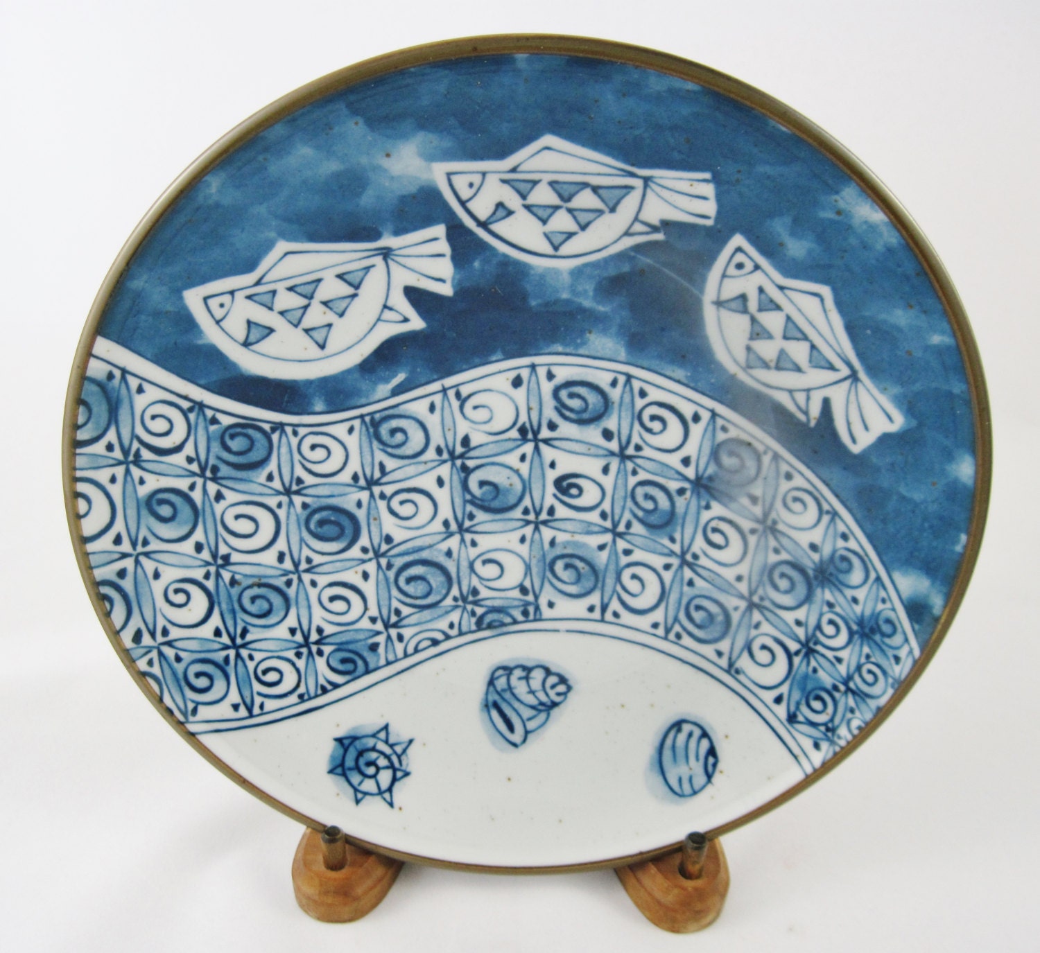 Japanese Fish Plate Aquatic Scene Asian Blue Pottery