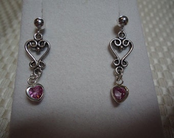 Heart Cut Pink Topaz Dangle Earrings in Sterling Silver 1798
