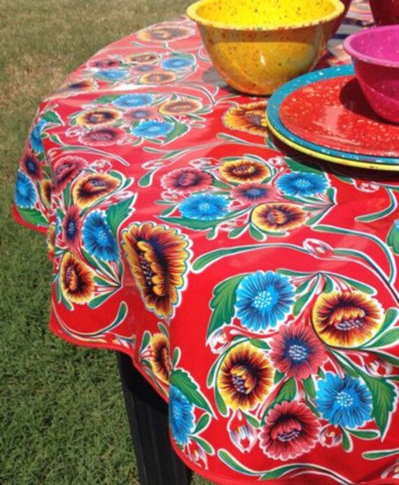 60 Round Oil Cloth Tablecloth Red by notyourmamaskitchen on Etsy