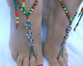 Crochet Barefoot Sandals Beach Wedding Yoga Shoes Foot Jewelry Silver Green Red
