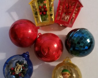 Vintage Christmas Ornaments 1960's Molded Plastic Ornaments Collection of 7 Lanterns and Bulbs 60's Christmas Tree Decorations