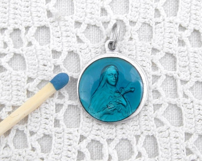 Vintage French Medal Religious Medal Saint Teresa with Turquoise Blue Enamel / St Therese Religion / Christian Catholic Charm Medal Lisieux