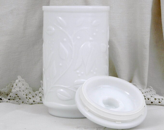 Vintage White Milk Glass Apothecary Decorative Jar with an Embossed Leaf Pattern, Opalex, Verre Opale, French Vintage Decor, Shabby Chic
