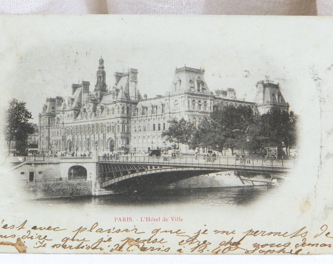 Antique French Black and White Postcard, Paris, L'Hotel de Ville, French Country Decor, Vintage, Parisian Retro Interior, Provencal, Home