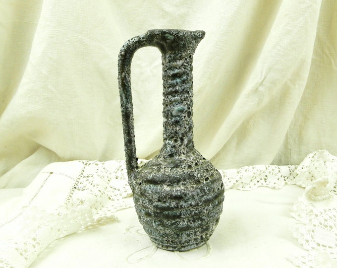 Vintage French Mid Century Black and White Lava Vase Jug, 1960s Vallauris Bubble Dark Glaze Ecume des Mers, 1950s Design Tall Necked Pot