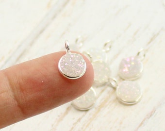 Sterling Silver Bezel Charm with Druzy Rainbow Stone -- 1 Piece -- 8mm Pendant