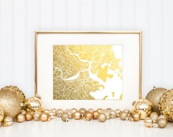 Boston Map, Gold Foil Print, Boston Wall Art, Gold Foil Map Wall Art, Trendy Art, Boston Print, Poster, Gift for Traveler, Foil-Pressed Map