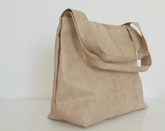 Leather Tote Bag - Beige Leather Vegan Bag - Casual Tote - Office Bag - Slouchy Tote - Women Bag