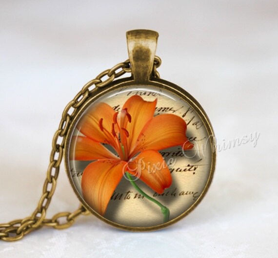 TIGER LILY Necklace Orange Tiger Lily Pendant Lily Flower