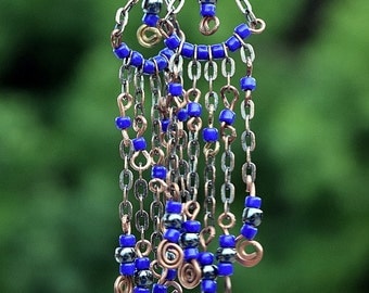 Antique Copper, Seed Bead Chandelier Earrings, Dangle Earrings, Chain Earrings, Blue Seed Beads, Handmade,