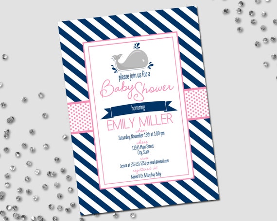 Little Whale Baby Shower Invitation - Whale Baby Shower - Pink and Blue Stripes - Printable Il_570xn