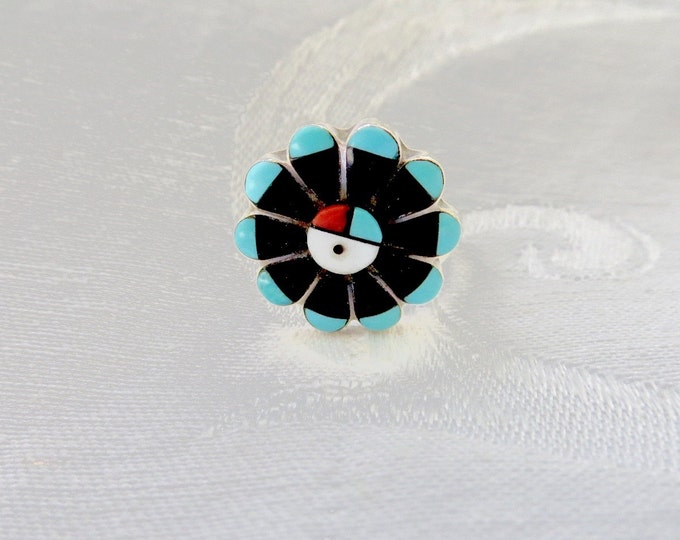 Zuni Sun Face Ring Signed RJV Vintage Native American Jewelry, Size 7.5