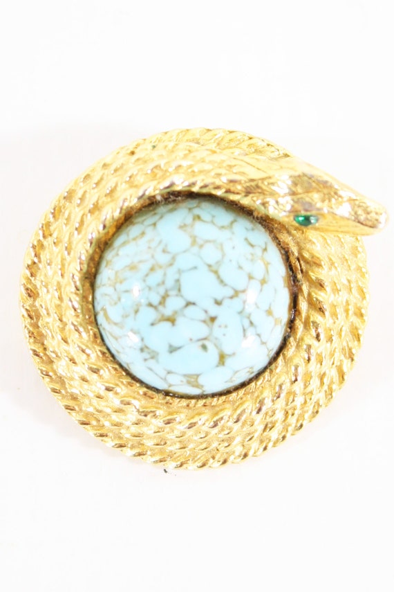 1960s De Nicoola Coiled Snake Brooch | 60s Vintage Gold and Turquoise Snake Pin