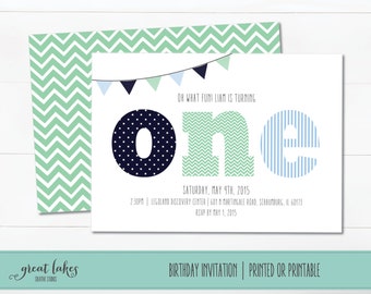 First Birthday Invitation, Boys Birthday Invite, 1st B-day Invite, Blue and Green, Chevron, Polka Dots, Stripes, Bunting, Birthday Party