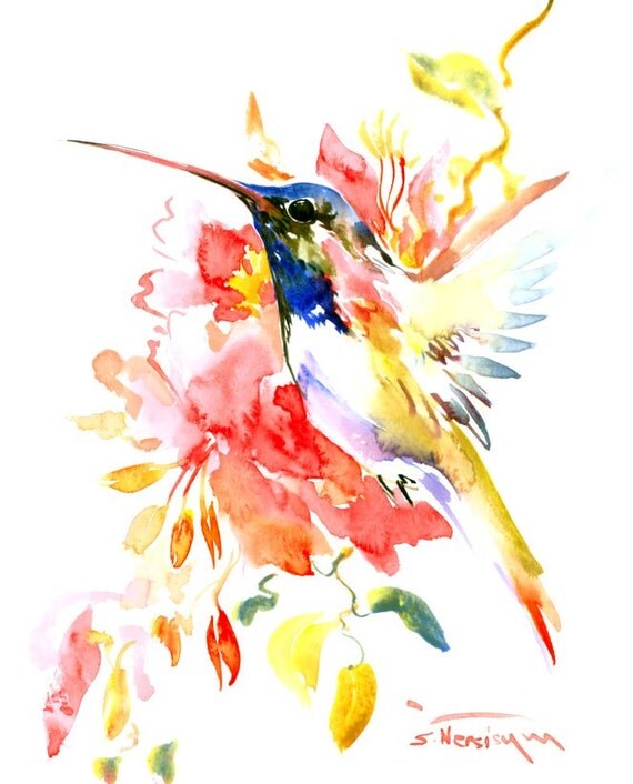 Hummingbird and Red flowers original watercolro art 10 X 8 in