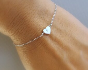 Silver heart and initial bracelet- bridesmaid gift, wedding jewelry personalized bridesmaid bracelet, monogram heart bracelet love bracelet