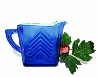 Cream Pitcher, Hazel Atlas Cobalt Chevron Pattern, Farmhouse Decor, Blue Kitchen Decor, Cobalt Blue Cream Pitcher, 2 Avail