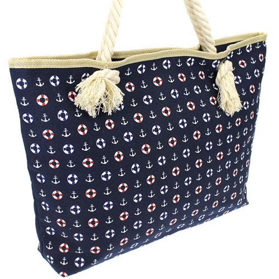 Large Rope Handle Tote Bag Navy Nautical Print by DoubleBMonograms