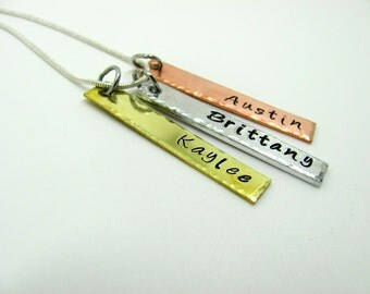 Hand Stamped Tri Color Bar Name Necklace, 3 Bars, Silver, Brass, Copper