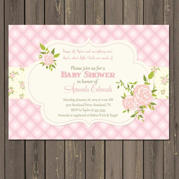 Rose Baby Shower Invitation, Pink Roses Baby Shower invite, Pink and Yellow Quilted Floral Baby Shower Invitation, Printable or Printed Il_570xn