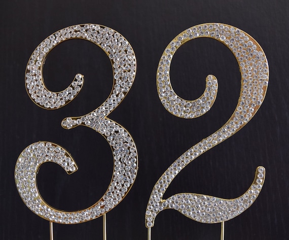 Rhinestone Gold NUMBER 32 Cake Topper 32th Birthday Party
