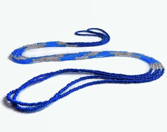 Long seed bead necklace blue color block,blue and silver layer necklace, seed bead wrap necklace blue