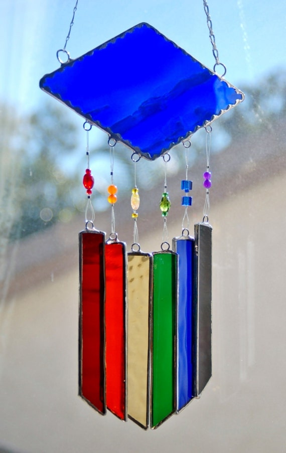 Stained Glass Wind Chimes Lapis Blue with Rainbow of Colors
