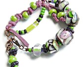 Green Pink Glass bead bracelet, Bohemian Lampwork bracelet, Boho Chic, Hippie, Gypsy Leather , Handmade, OOAK Green Pink Glass bead bracelet, Bohemian Lampwork bracelet, Boho Chic, Hippie, Gypsy Leather , Handmade, OOAK