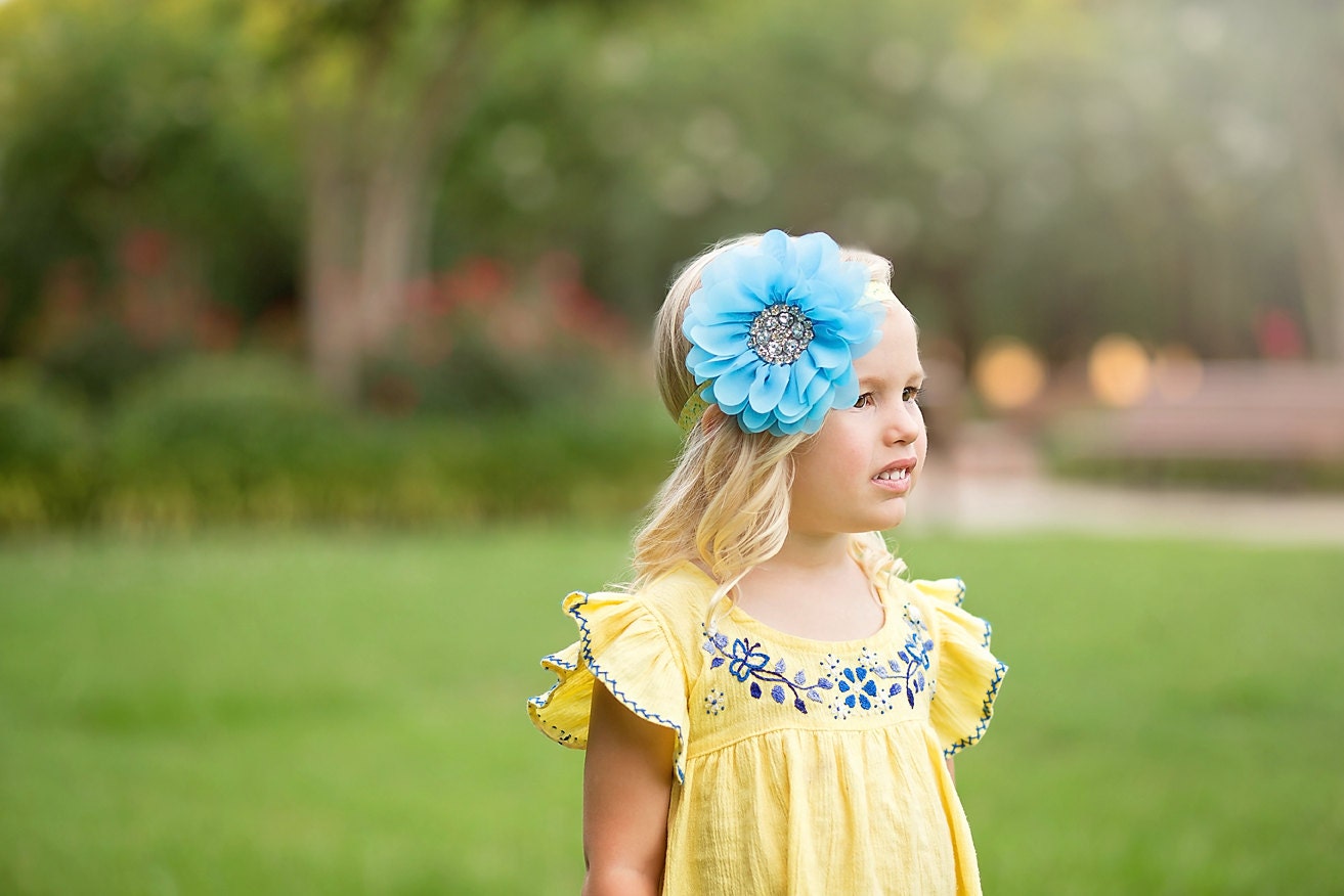 Blue Yellow Flower Headband Blue Flower Girl by KennasKlippiesBows