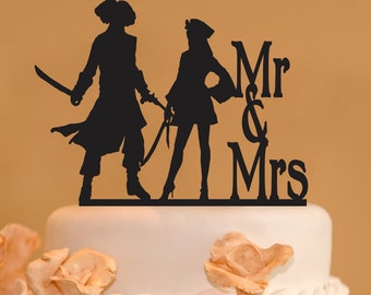 Pirates wedding cake topper - Mr. and Mrs. Wedding Cake Topper - Pirate cake topper - Woman pirate topper - silhouette topper