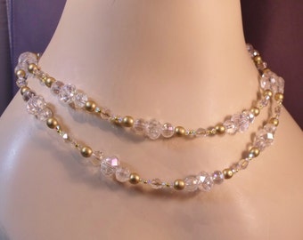 Rich Matte Gold & Multi Faceted Crystal Double Strand Statement Necklace Set