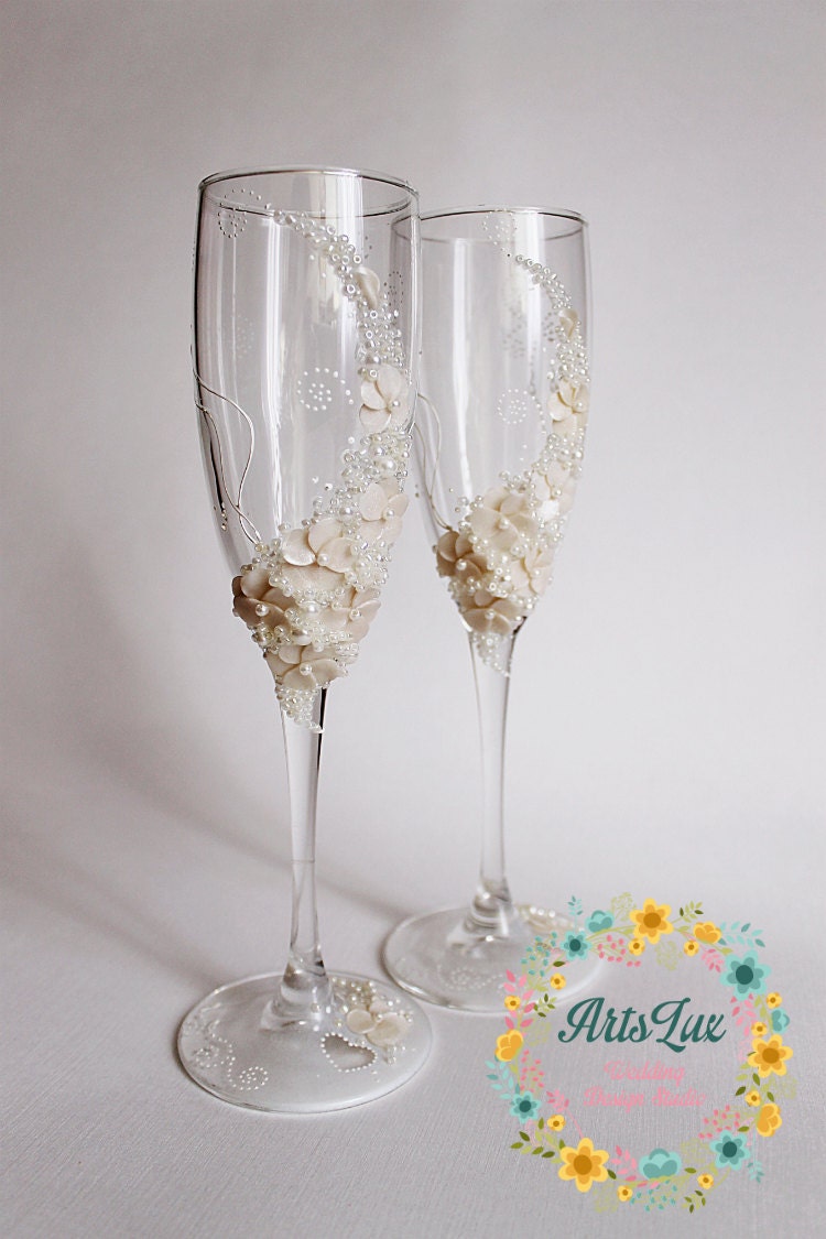 Ivory Wedding champagne glasses-Gentle Wedding toasting