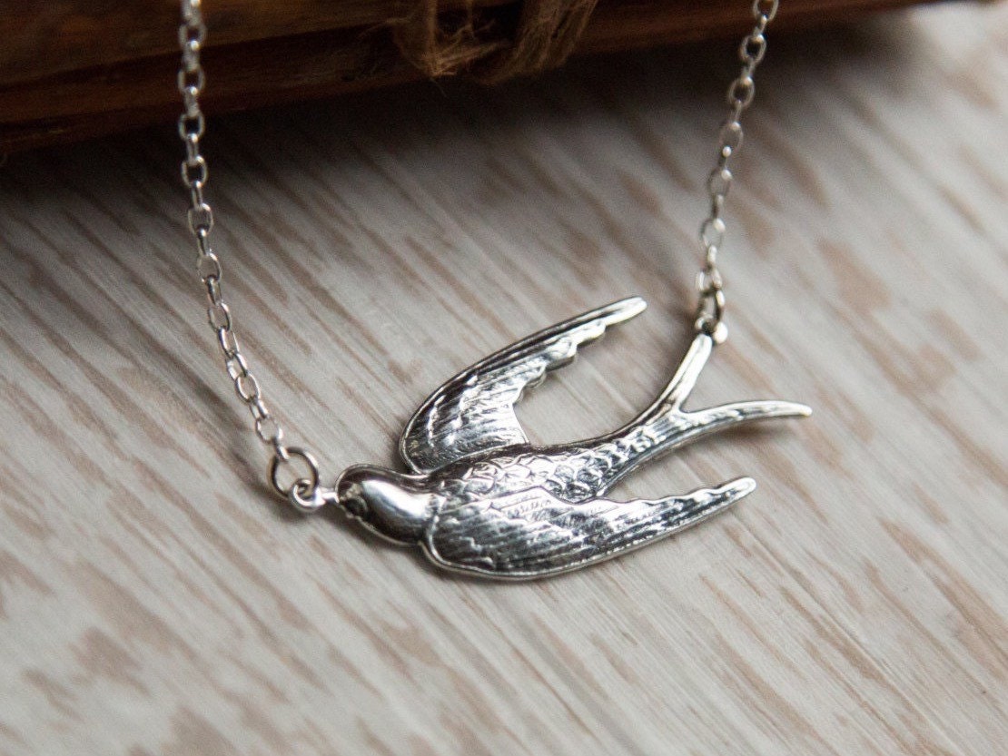 Large Sterling Silver Sparrow Pendant Necklace Retro