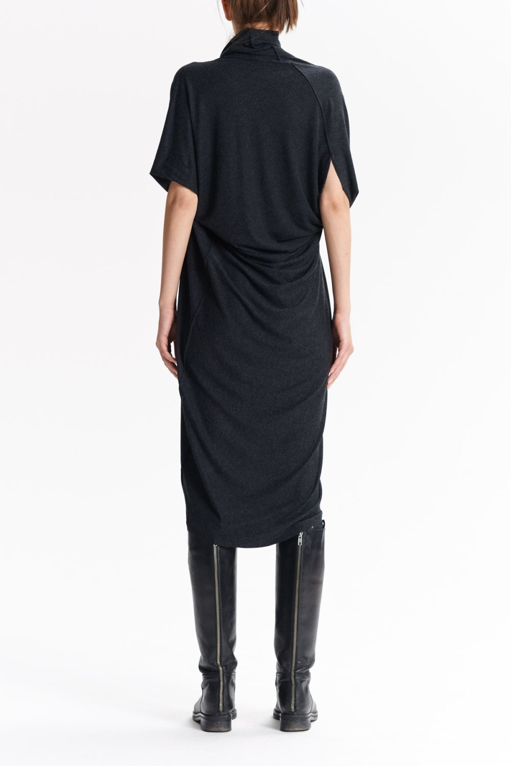 Long Dress/ Charcoal Melange Tunic/ Loose Casual Top/ Drape