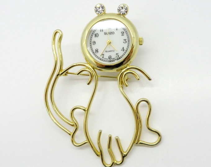 Vintage Watch Brooch, Suizo Cat Watch Gold Tone Rhinestone Brooch Pin