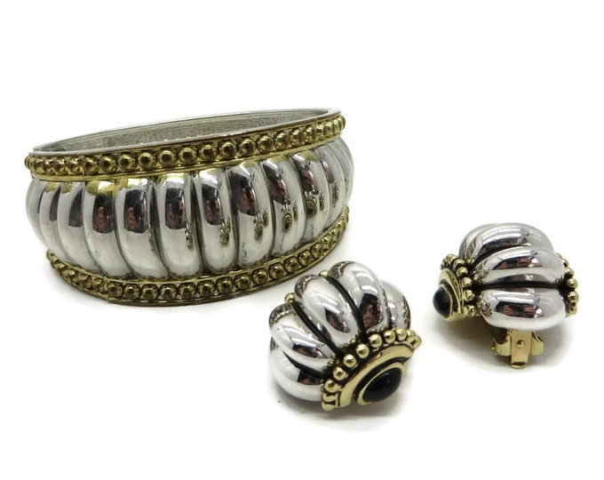 Chunky Bracelet Earrings, Two Tone Clamper Bracelet, Clip on Earrings, Vintage Demi Parure