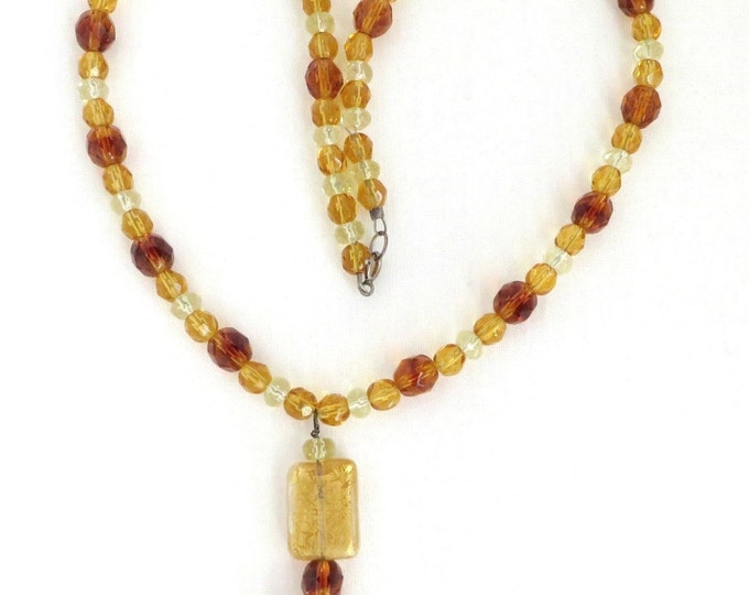 Vintage Amber Glass Pendant Necklace, Amber, Gold and Clear Bead Necklace