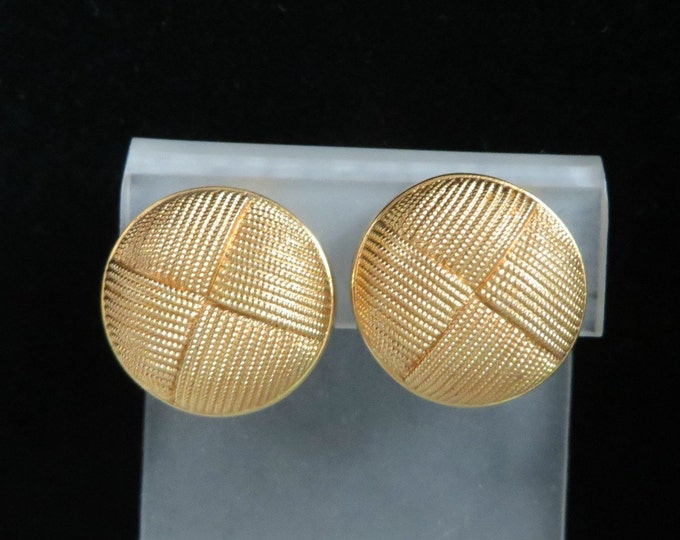 AVON Button Earrings, Vintage Gold Tone Tailored Earrings, Basketweave Clip-on Earrings