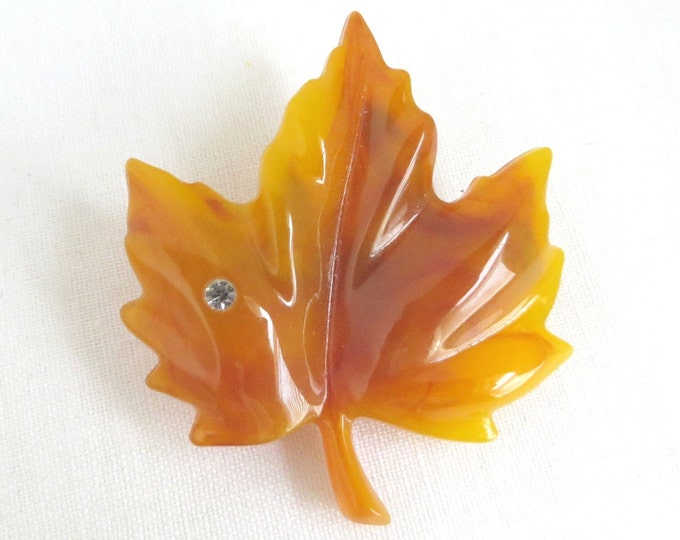 AVON Amber Lucite Leaf Brooch, Vintage Golden Leaf Pin Rhinestone Accent Costume Jewelry Gift