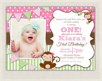Girls Pink and Green Monkey 1st Birthday Invitation / Printable Download / First Birthday Monkey Invitation Invites Pink Green Bunting (83)