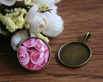 SALE 25mm circle glass cabochon boards 1 inch glass cabos pendant trays cabochon blanks settings Retro Vintage brass PTR25-A1423B